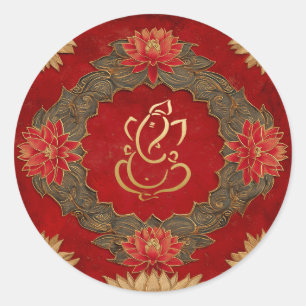 Ganesh Wedding   Indian Wedding Gold Lotus Red Runder Aufkleber