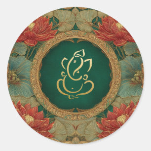 Ganesh Wedding   Indian Wedding Pink Lotus Green Runder Aufkleber