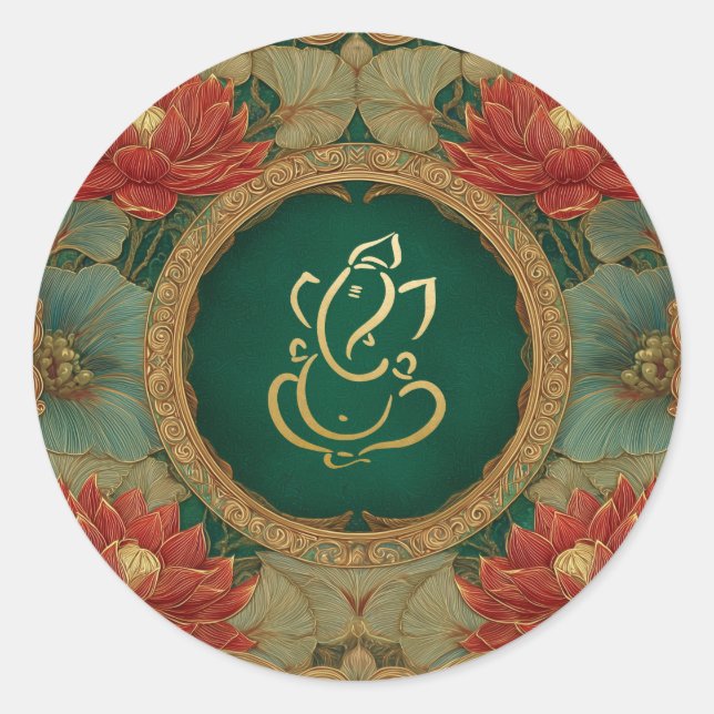 Ganesh Wedding | Indian Wedding Pink Lotus Green Runder Aufkleber (Vorderseite)