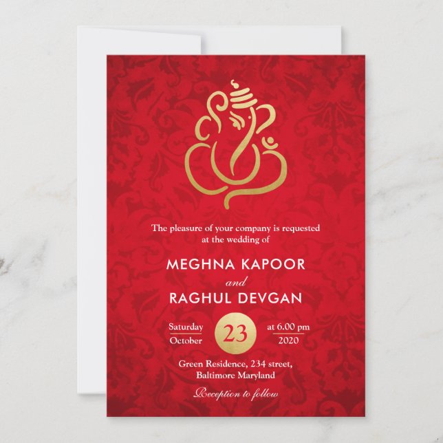 Ganesha/Indian Imitats Goldfoil Red Damask Wedding Einladung (Vorderseite)