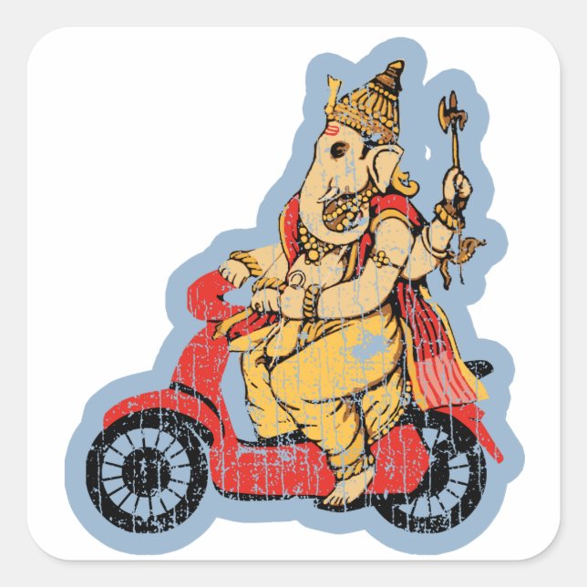 Ganesha Riding a Scooter Quadratischer Aufkleber (Vorderseite)
