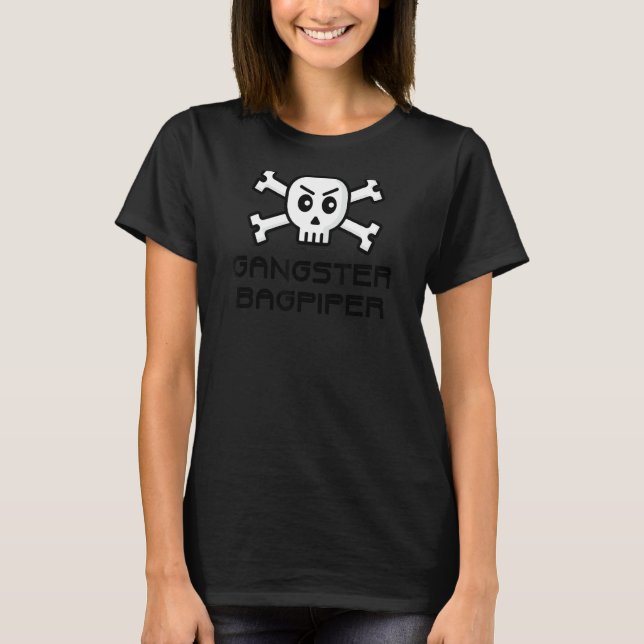 Gangster Bagpiper Skull und Cross Bone Word Design T-Shirt (Vorderseite)