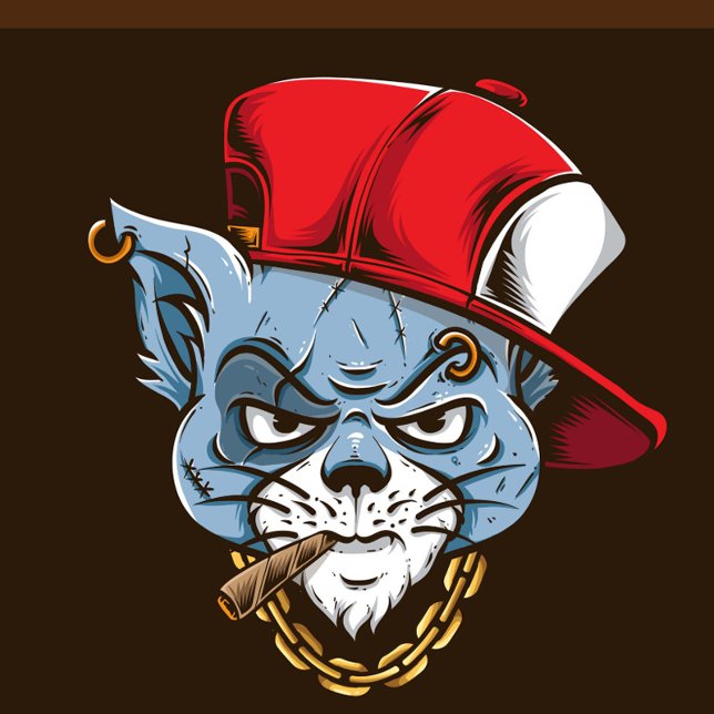 Gangster Cat (A cartoon illustration of a blue cat head with an angry expression, wearing a red baseball cap.)