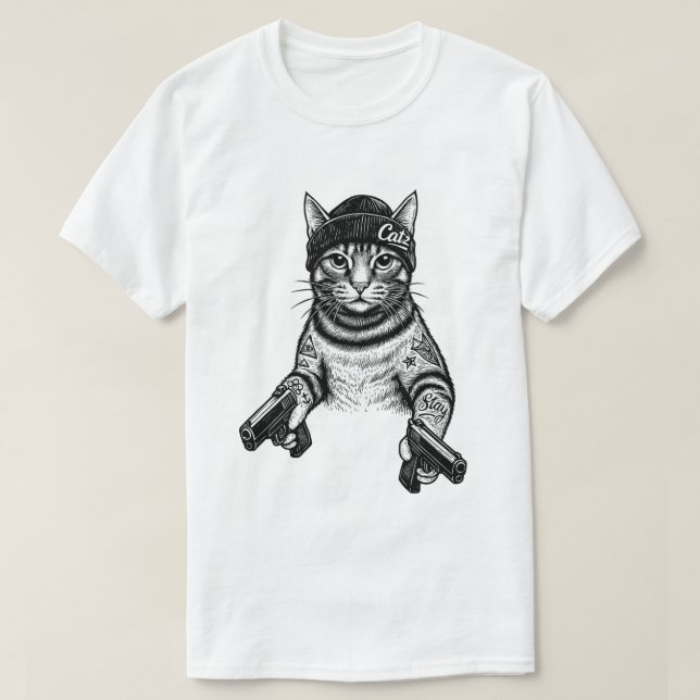 Gangster Cat Tattoo Art | Cool Streetwear Kitty T-Shirt (Design vorne)