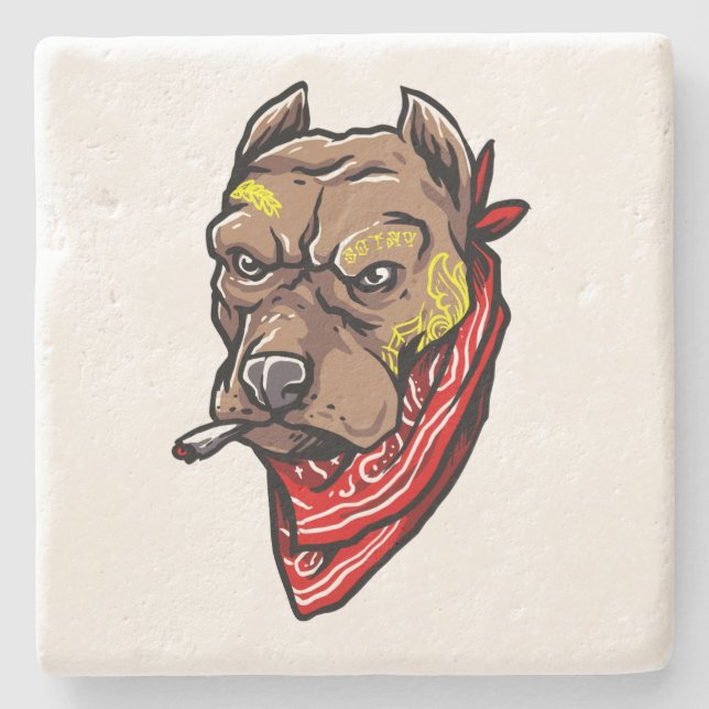 Gangster Dog | Tattoos Red Bandana Stone Untersetz Steinuntersetzer (Vorderseite)