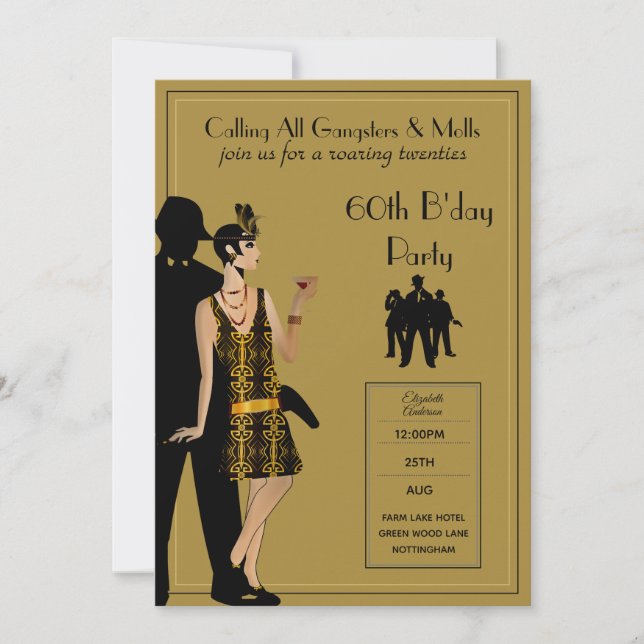 Gangster Moll 1920s Flapper Black Gold 60. Party Einladung (Vorderseite)