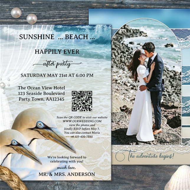 Gannet QR Beach Foto glücklich immer nach Hochzeit Einladung (Happily ever after beach wedding invitation with elegant gannets and QR code template)