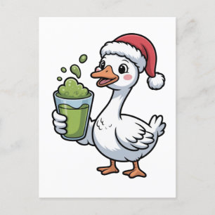 Gans mit Matcha-Getränk und Santa-Hut Einladungspostkarte