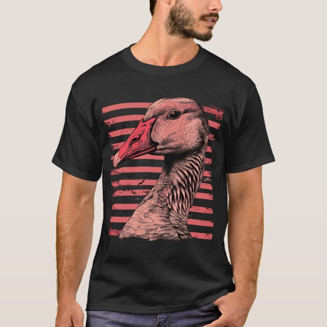 Gänse auf rosa Vintage Streifen T-Shirt (Vorderseite)