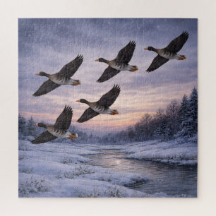 Gänse bei Winteruntergang
