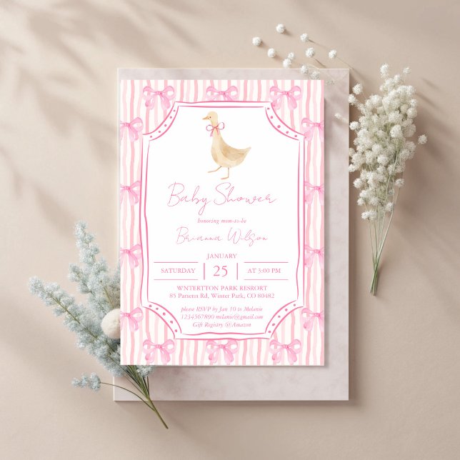 Gänse-Kinderzimmer-Rymnen Babydusche Einladung (Silly Goose nursery rhymes vintage pink bow baby shower invitation cards template)
