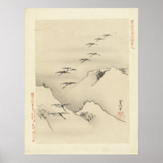Gänse über Berge, antike japanische Malerei Poster
