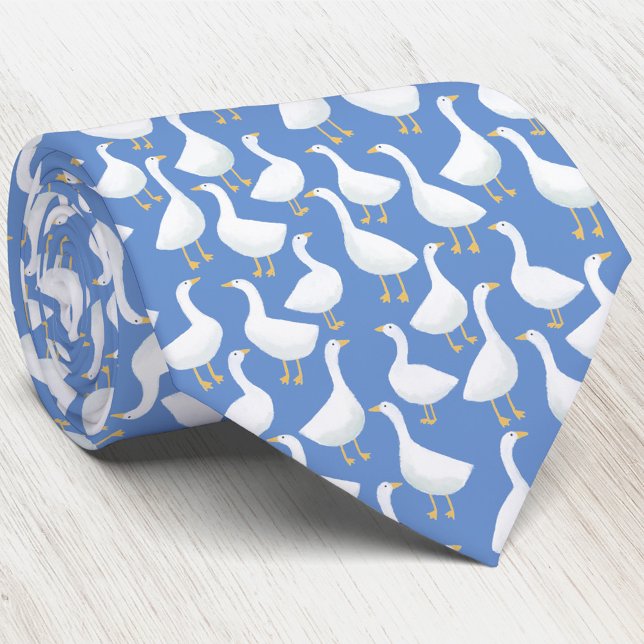 Gänse Vogel Muster Blau Krawatte (Blue and white geese goose pattern neck tie for farmers and bird lovers)