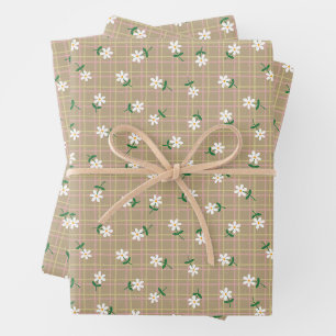 Gänseblümchen auf braunem Karo (großer Maßstab) Geschenkpapier Set