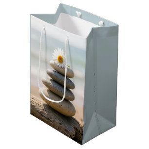 Gänseblümchen auf einem Steinstrandsteinhaufen mit Mittlere Geschenktüte