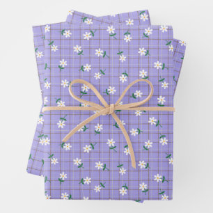 Gänseblümchen auf lila Karo (großer Maßstab) Geschenkpapier Set