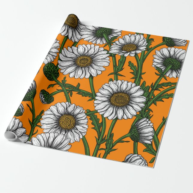 Gänseblümchen auf Orange Geschenkpapier (Ungerollt)