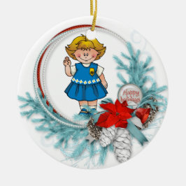 Gänseblümchen-blondes Haar-blauer Kiefern-Kranz Keramik Ornament
