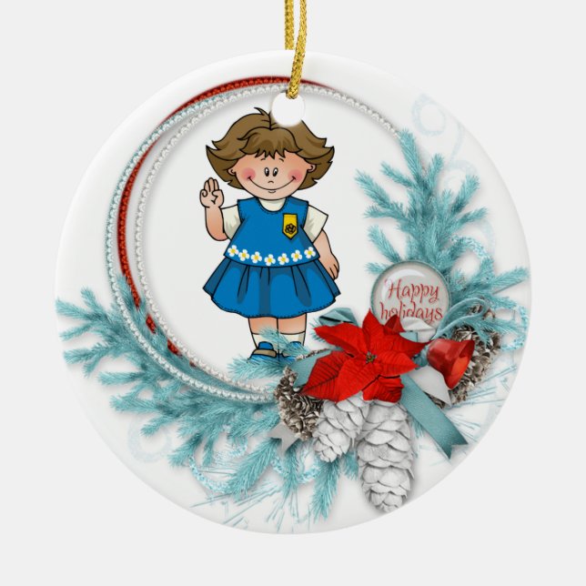 Gänseblümchen-brünetter Pfadfinder-blauer Keramik Ornament (Vorne)