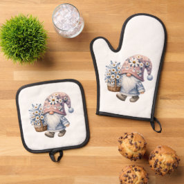 Gänseblümchen Frühlings Gnom Geschenk für Sie Ofenhandschuh & Topflappen-Set