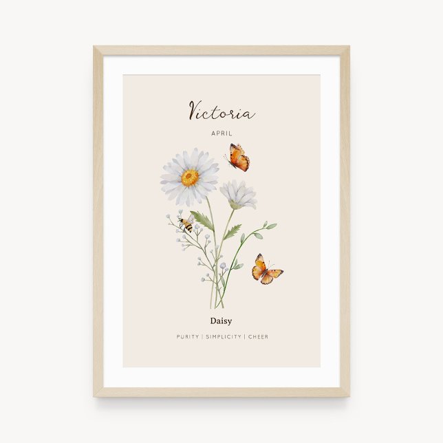 Gänseblümchen-Geburtsmonats-Blumenposter Poster (Example of daisy birth flower poster once framed. )