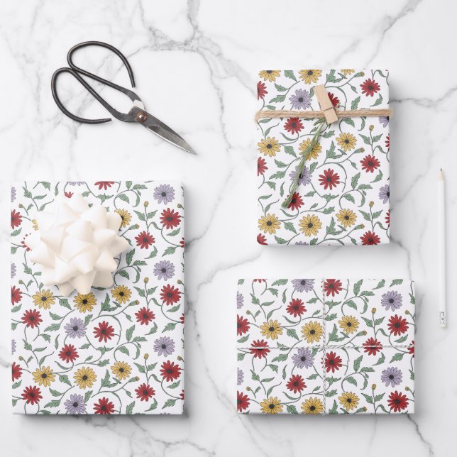 Gänseblümchen-Muster im Doodle-Stil mit Tinte Geschenkpapier Set (Vorderseite)