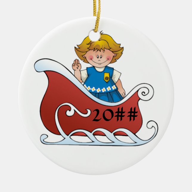 Gänseblümchen-Pfadfinder-Schlitten-Blondine Keramik Ornament (Vorne)