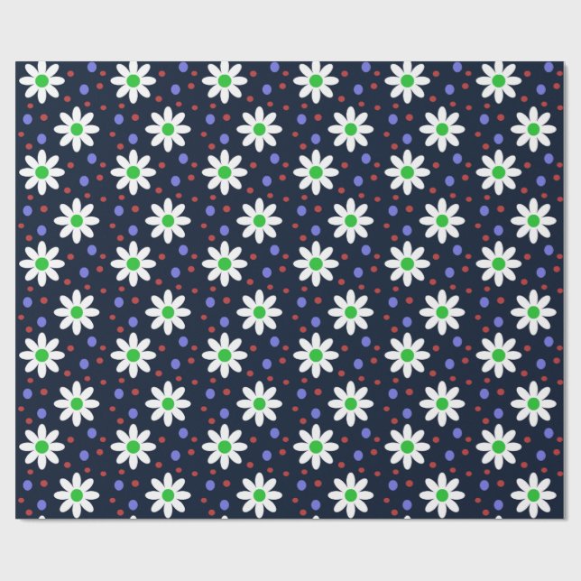 Gänseblümchen Punkte Navy Blau Geschenkpapier (Flach)