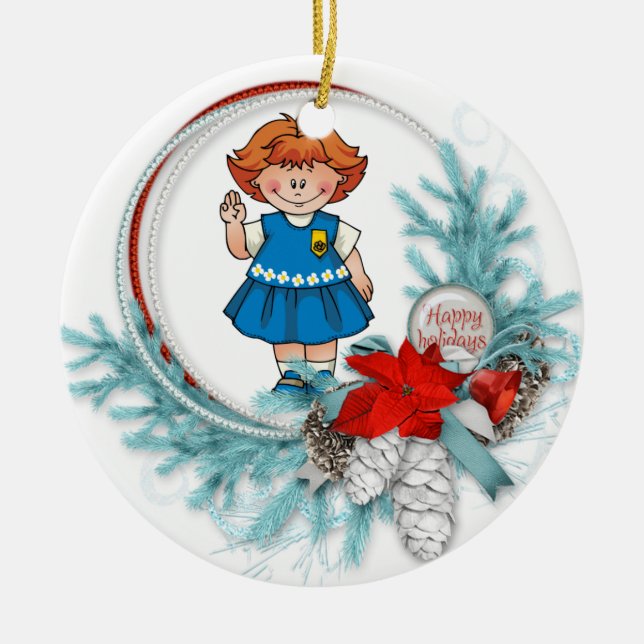 Gänseblümchen-roter Haar-Pfadfinder-blauer Keramik Ornament (Vorne)