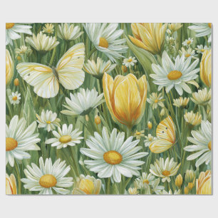 Gänseblümchen, Tulpen und Schmetterlinge Geschenkpapier