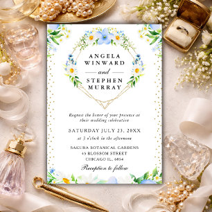 Gänseblümchen und Blaue Blumen Herz Kranz Hochzeit Einladung