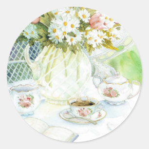 Gänseblümchen und Tulpen und Tee Runder Aufkleber