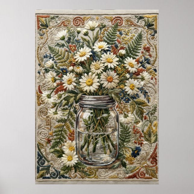 Gänseblümchen- und Wildblumenstrauß in gesticktem  Poster (Vorne)