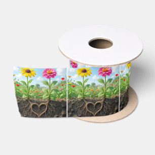 Gänseblümchen und Zinnien bilden ein Herz im Garte Satinband