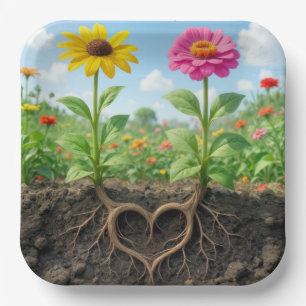 Gänseblümchen und Zinnienwurzelherz im Garten Pappteller