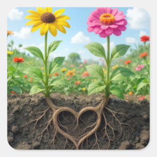 Gänseblümchen und Zinnienwurzelherz im Gartenschmu Quadratischer Aufkleber