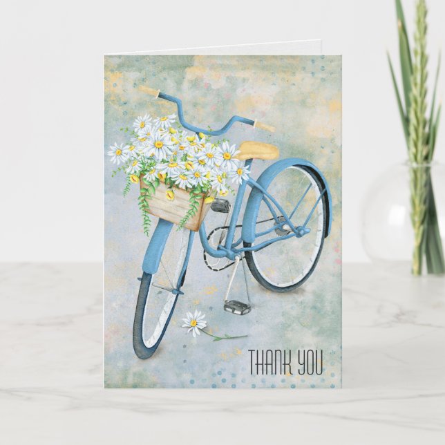 Gänseblümchenkorb auf blauem Fahrrad danken Ihnen Karte (Vorderseite)