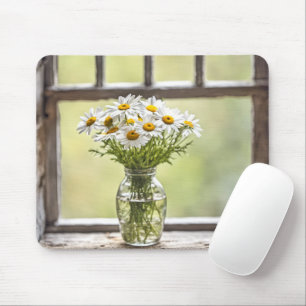 Gänseblümchenstrauß im Fenster eines Bauernhauses Mousepad