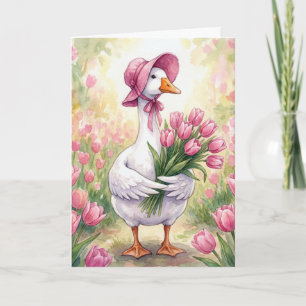 Gänsemutter mit rosa Tulpen Karte