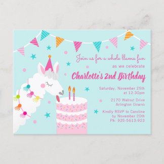 Ganzes Llama Fun Cake 2. Geburtstag Aqua Einladungspostkarte