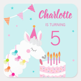 Ganzes Llama Fun Cake 5. Geburtstagsaqua Quadratischer Aufkleber