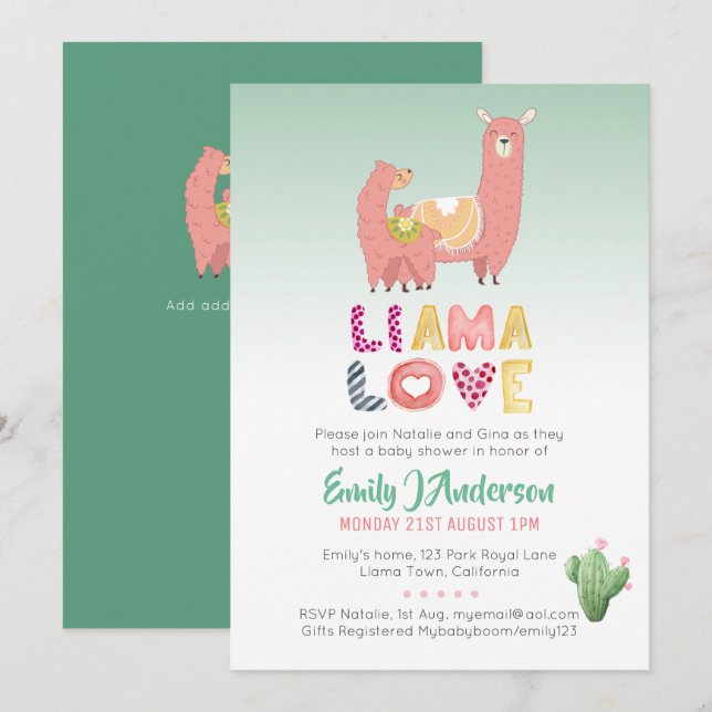 Ganzes Llama Fun Mama Baby Liebe Fiesta Cacti Einladung (Vorne/Hinten)
