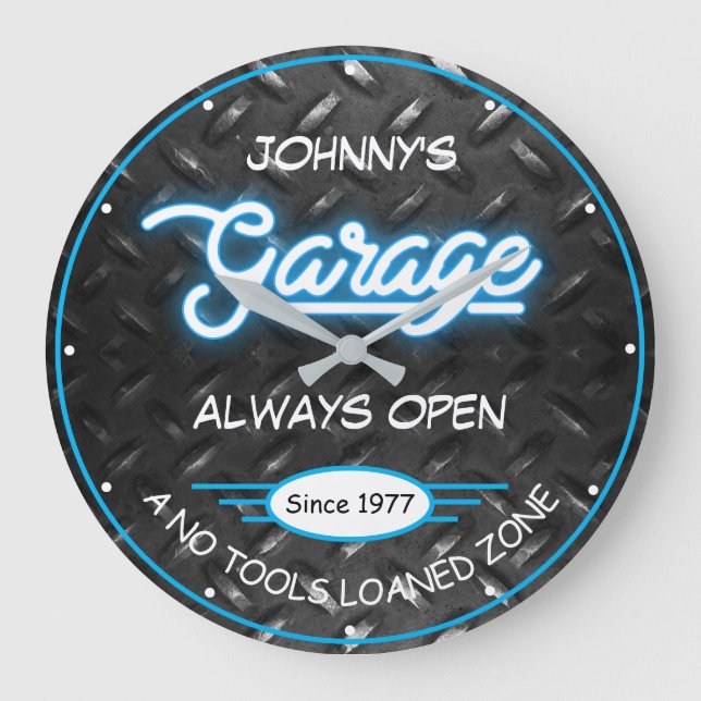 Garage für alle Imitate Blue Neon Diamond Plate   Große Wanduhr (Vorderseite)