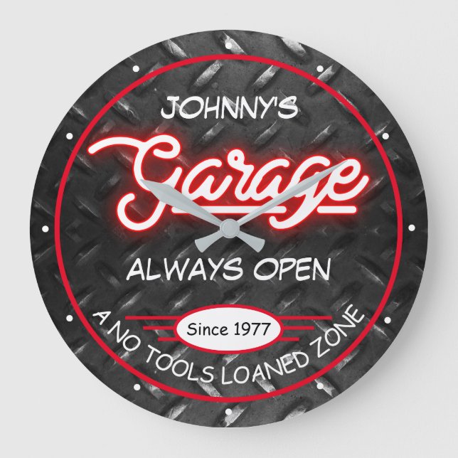 Garage für alle Imitate Red Neon Diamond Plate Große Wanduhr (Vorderseite)