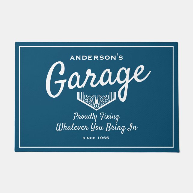 Garage Jeder Name Funny Sprichwort Blau Weiße Schr Fußmatte (Vorderseite)
