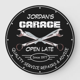 Garage Name Date Tools Wrenches Mechanics Black Große Wanduhr