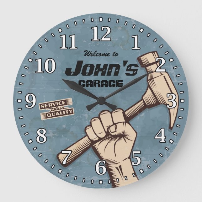 Garage Tools Man Cave Personalizable Retro-Style Große Wanduhr (Vorderseite)