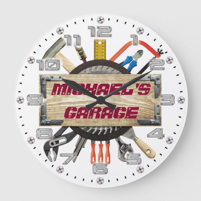 Garage Tools Man Cave Personalizable Retro-Style Große Wanduhr (Vorderseite)