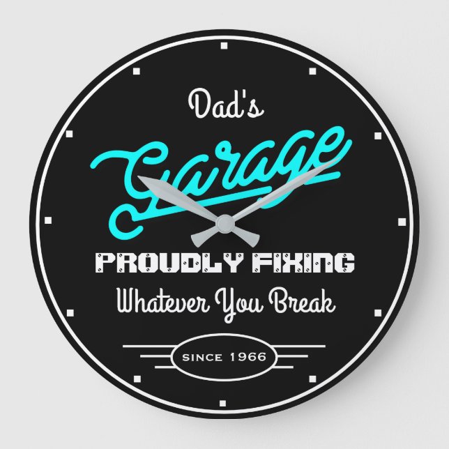 Garage Vaters Name, der den türkisfarbenen schwarz Große Wanduhr (Vorderseite)