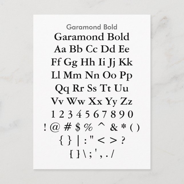 Garamond Bold - Zazzle Schriftart Sampler Sheet Postkarte (Vorderseite)